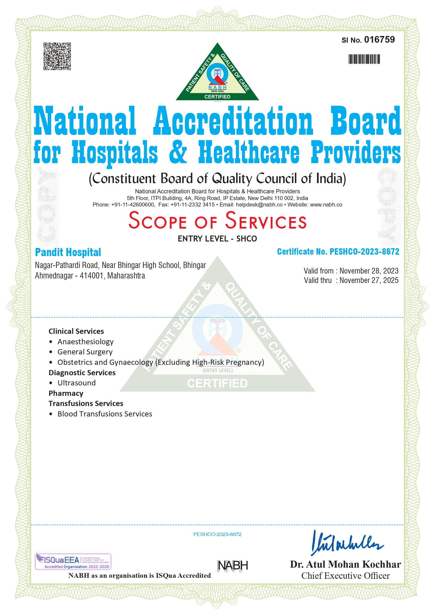 Pandit Hospital is now NABH accredited